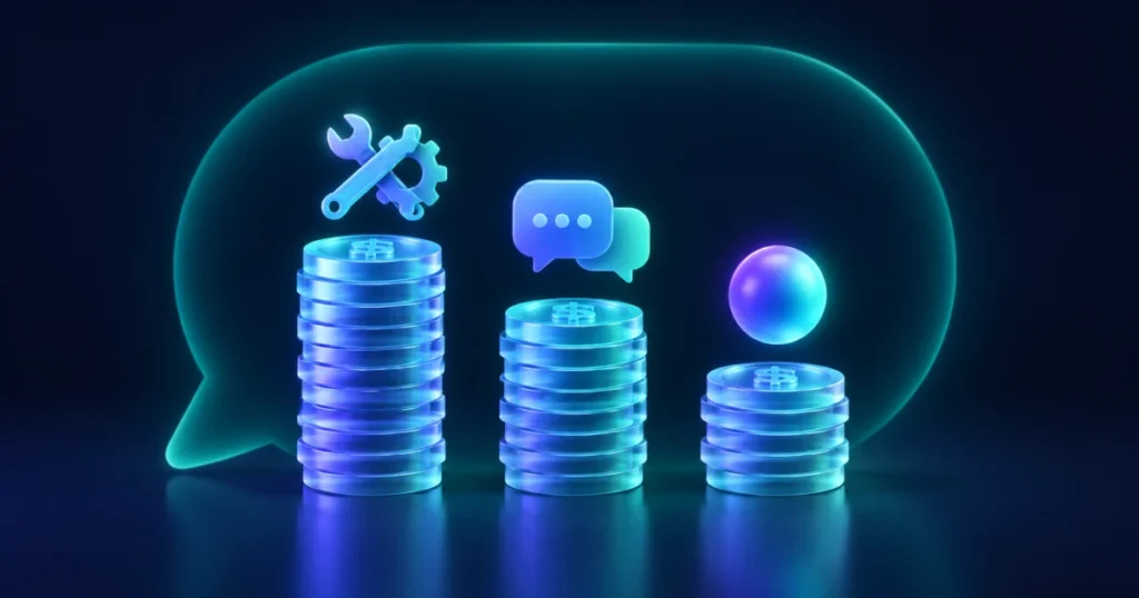 Tres pilas de monedas de distinta altura con una herramienta, burbujas de chat y una esfera de IA: los tres costos de un chatbot de WhatsApp