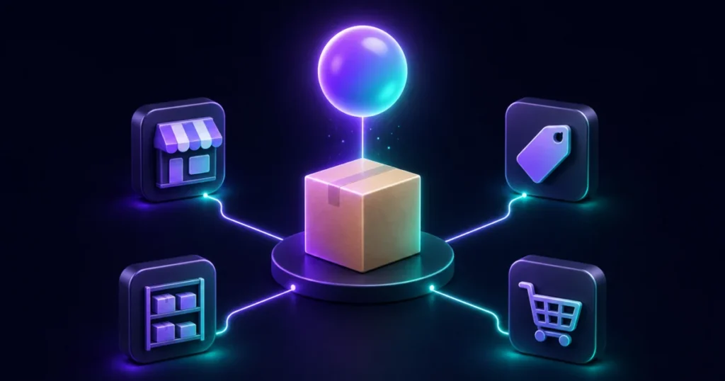 Una caja de inventario en el centro conectada con luz a una tienda online, una etiqueta de marketplace, un carrito y una estantería